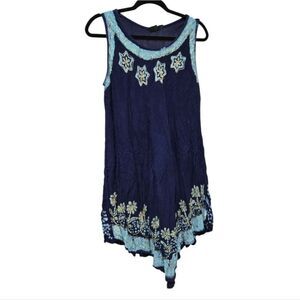 Embroidered Navy Blue Sleeveless Dress Swim Cover-Up Beach Cruise Pool Party